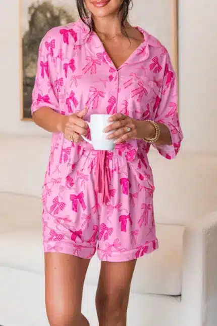 Pink Bow Print Half Sleeve Shirt and Shorts Pajamas Set