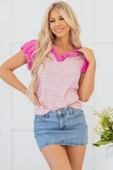 Pink Stripe Ruffled V Neck Cap Puff Sleeve Top