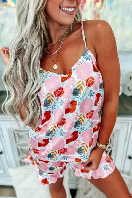 Multicolour Floral V Neck Cami Top and Ruffled Shorts Lounge Set