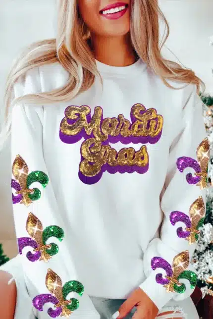 Beige Sequin Mardi Gras Patched Pattern Fleur de Lis Sleeve Sweatshirt