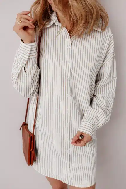Khaki Stripe Long Sleeve Button Up Mini Shirt Dress